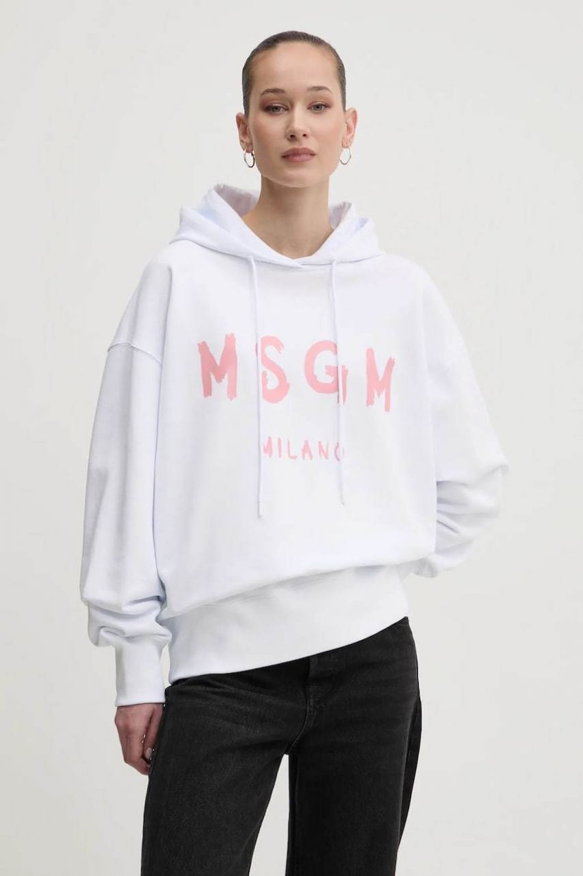 Bavlnená mikina MSGM dámska, biela farba, s kapucňou, s potlačou, 3841MDM515.257000