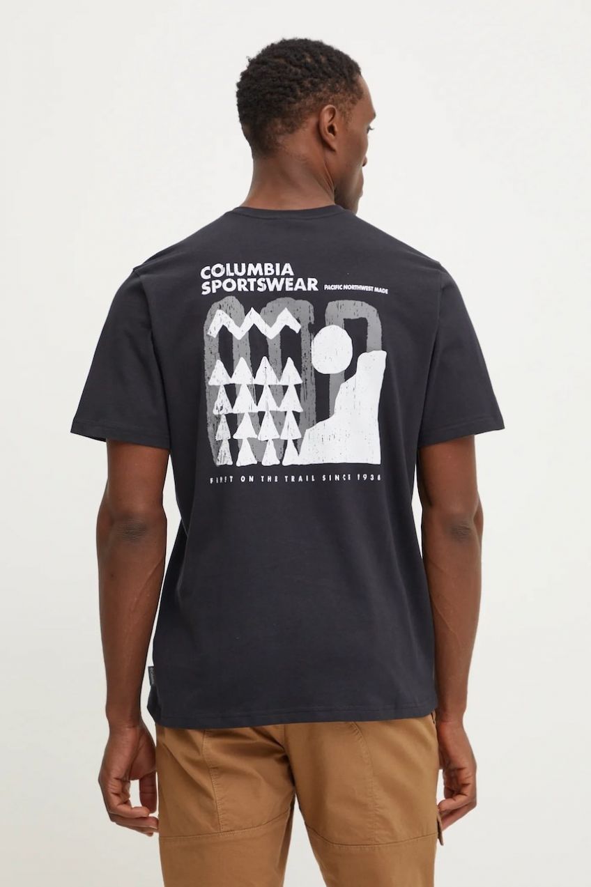 Bavlnené tričko Columbia Explorers Canyon pánske, čierna farba, s potlačou, 2036451.