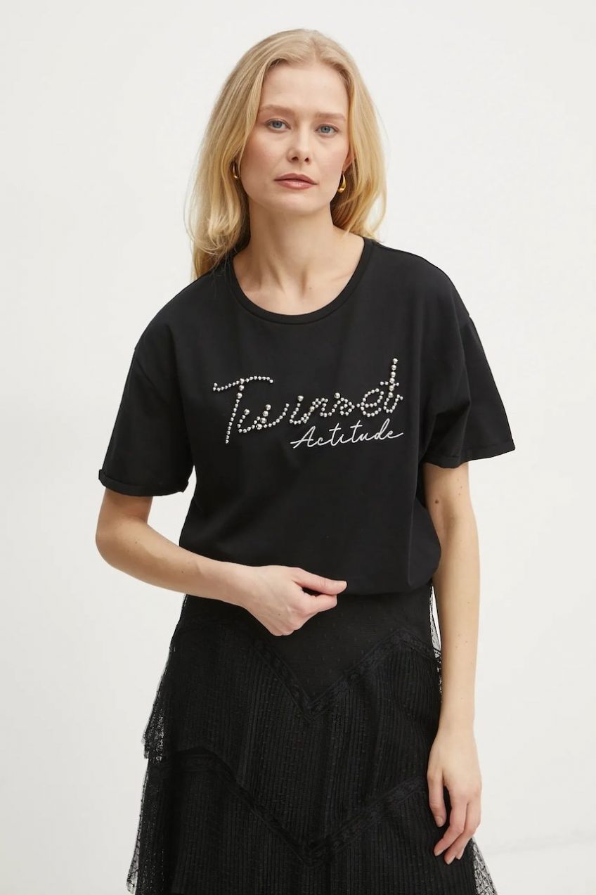 Bavlnené tričko Twinset dámske, čierna farba, 251AP2162