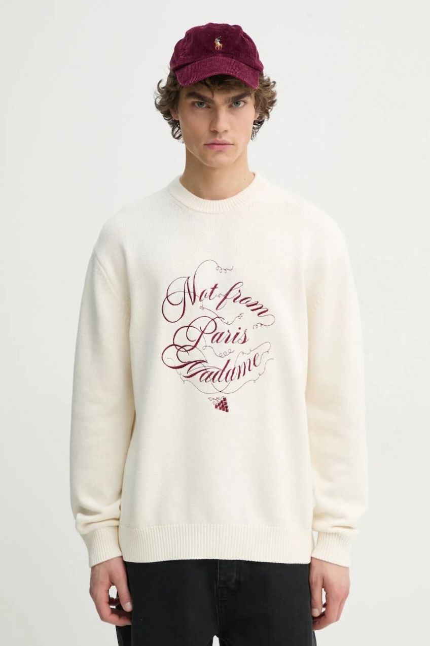 Vlnený sveter Drôle de Monsieur Le Pull Slogan Vignes pánsky, béžová farba, F-PO178-WO023-CM