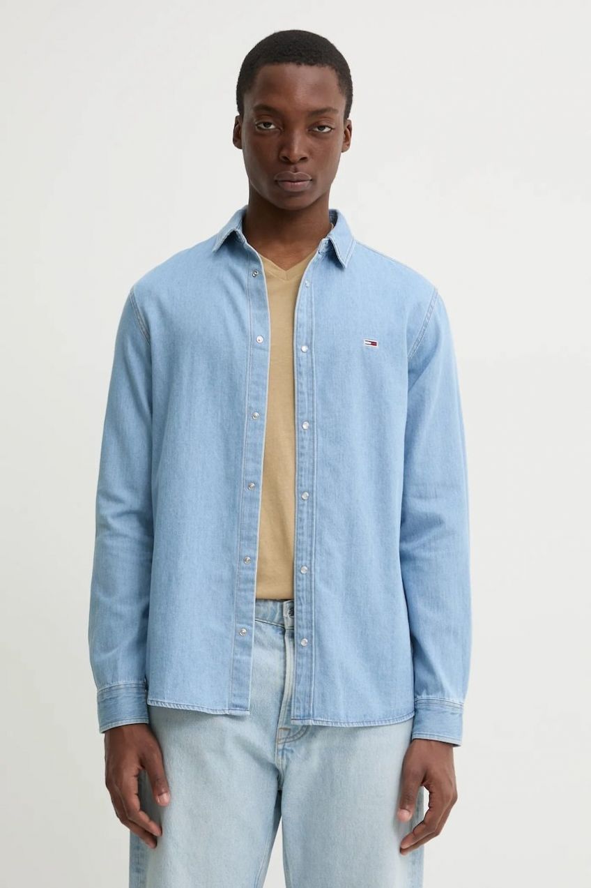 Rifľová košeľa Tommy Jeans pánska, regular, s klasickým golierom, DM0DM21146