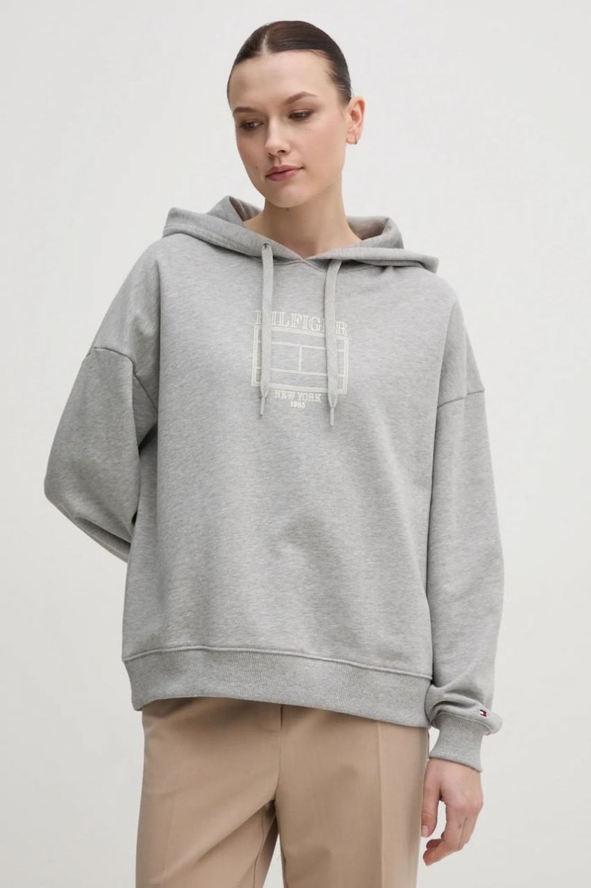 Mikina Tommy Hilfiger dámska, šedá farba, s kapucňou, s potlačou, WW0WW45523