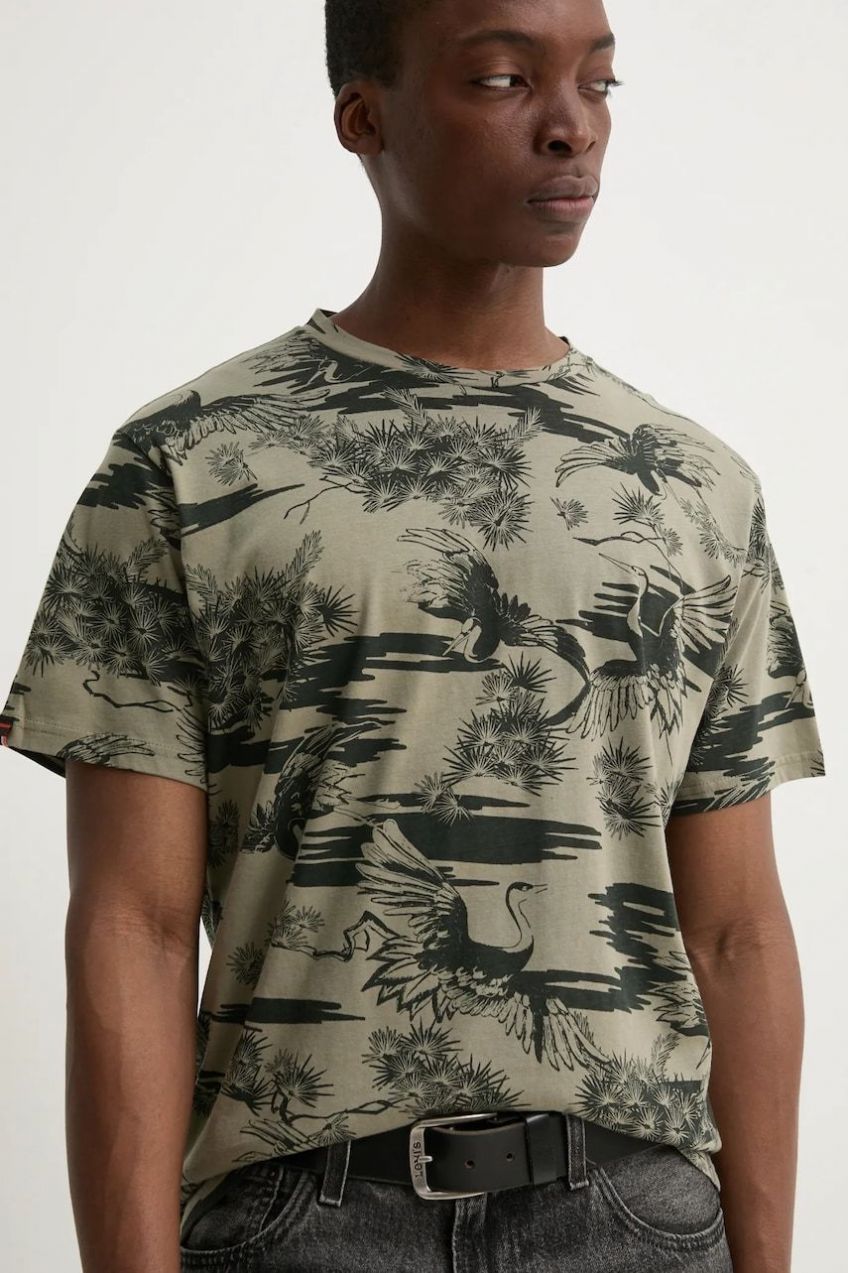 Bavlnené tričko Superdry pánske, zelená farba, vzorovaný, M1012315A-F8Q