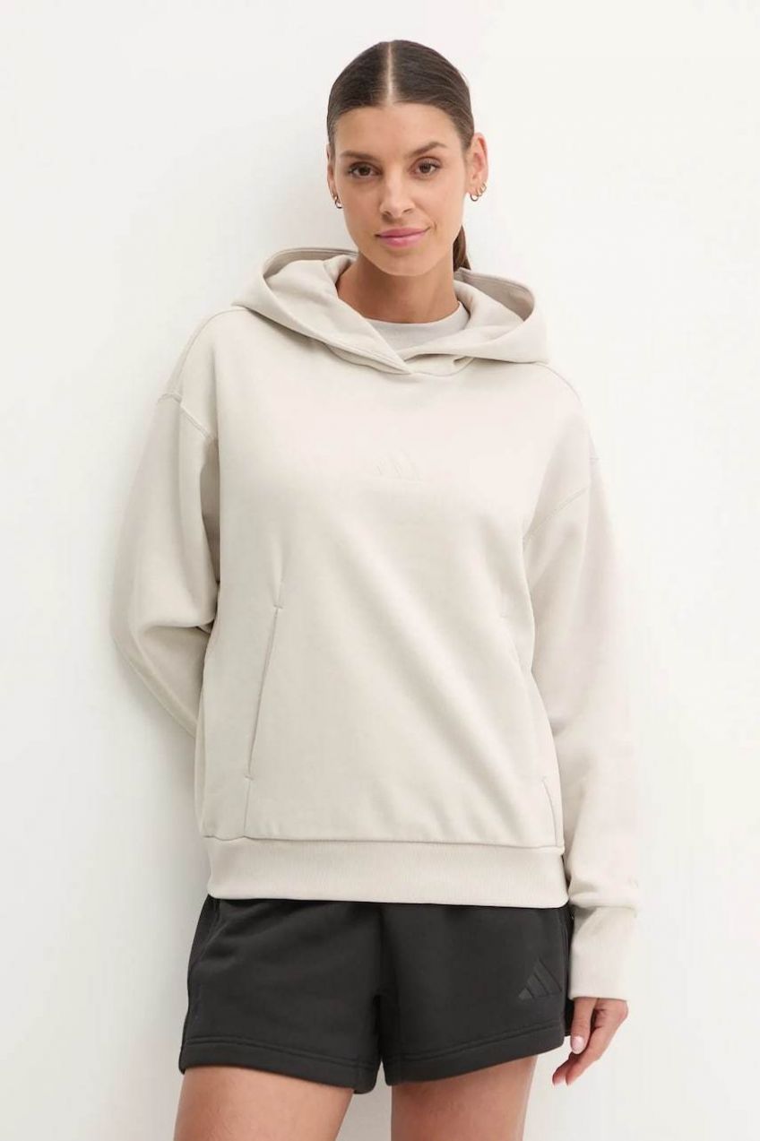 Mikina adidas ALL SZN dámska, béžová farba, s kapucňou, s nášivkou, JD4675