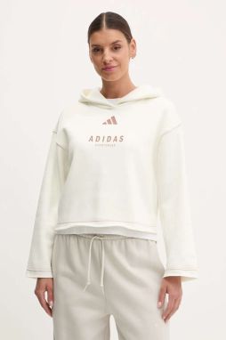 Mikina adidas ALL SZN Graphic dámska, béžová farba, s kapucňou, s potlačou, JJ4517