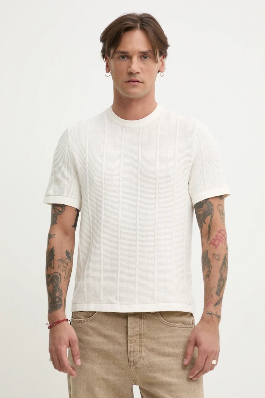 Tričko Abercrombie & Fitch pánske, béžová farba, jednofarebné, KI120-5071