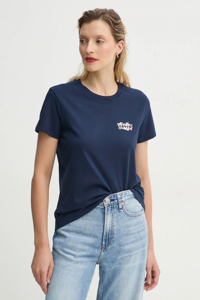 Bavlnené tričko Levi's THE PERFECT TEE dámske, tmavomodrá farba, 17369