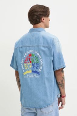 Rifľová košeľa Tommy Jeans pánska, voľný strih, s klasickým golierom, DM0DM21144