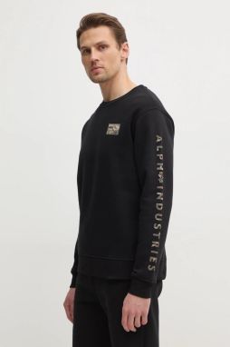 Mikina Alpha Industries Camo Sleeve Crewneck pánska, čierna farba, s nášivkou, 156306