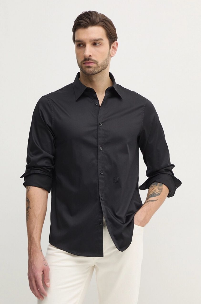Košeľa Armani Exchange pánska, čierna farba, regular, s klasickým golierom, XM000339 AF10192