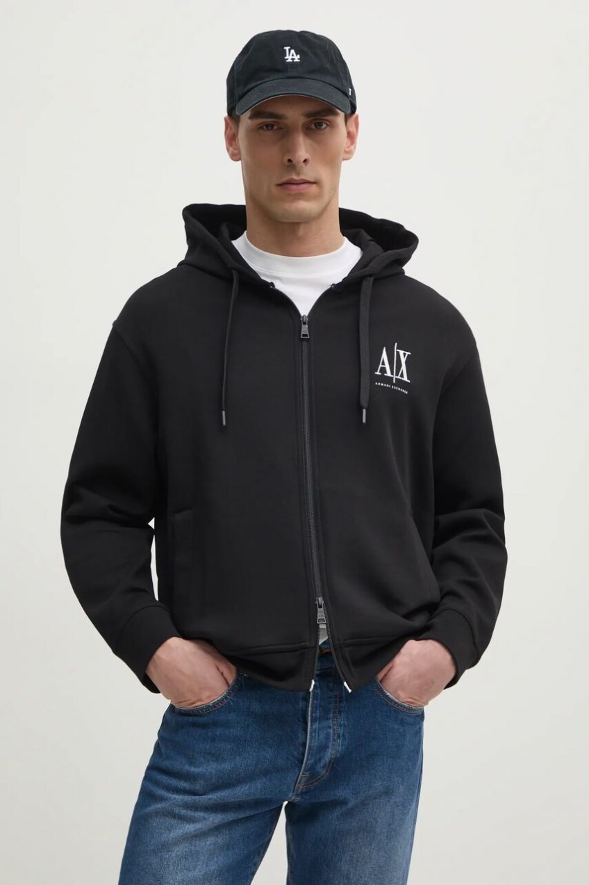 Mikina Armani Exchange pánska, čierna farba, s kapucňou, s nášivkou, XM000371 AF10818