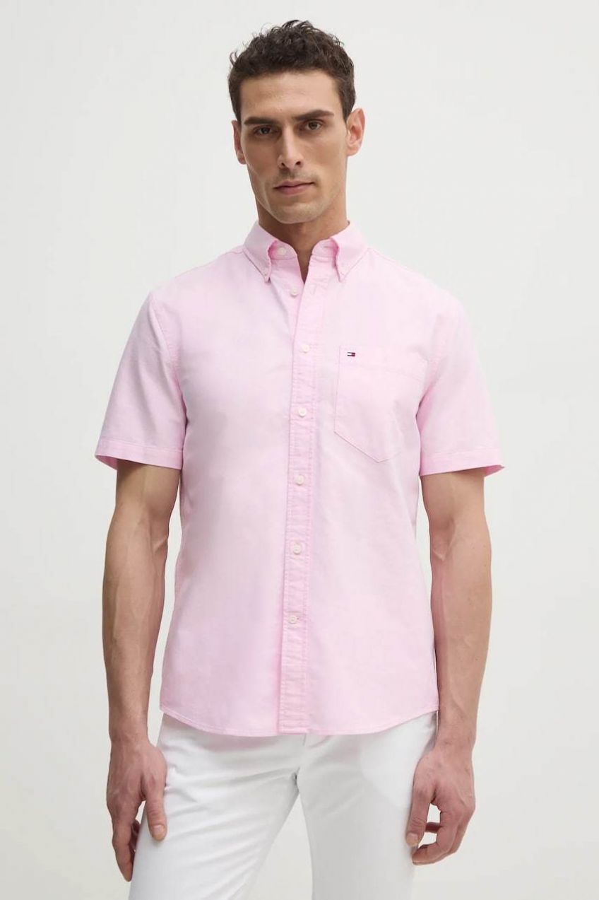 Bavlnená košeľa Tommy Hilfiger pánska, ružová farba, regular, s golierom button-down, MW0MW36272
