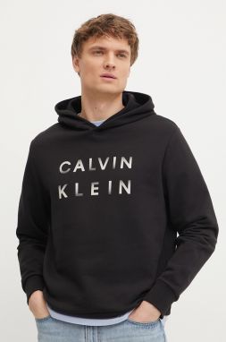 Bavlnená mikina Calvin Klein pánska, čierna farba, s kapucňou, s potlačou, K10K114261