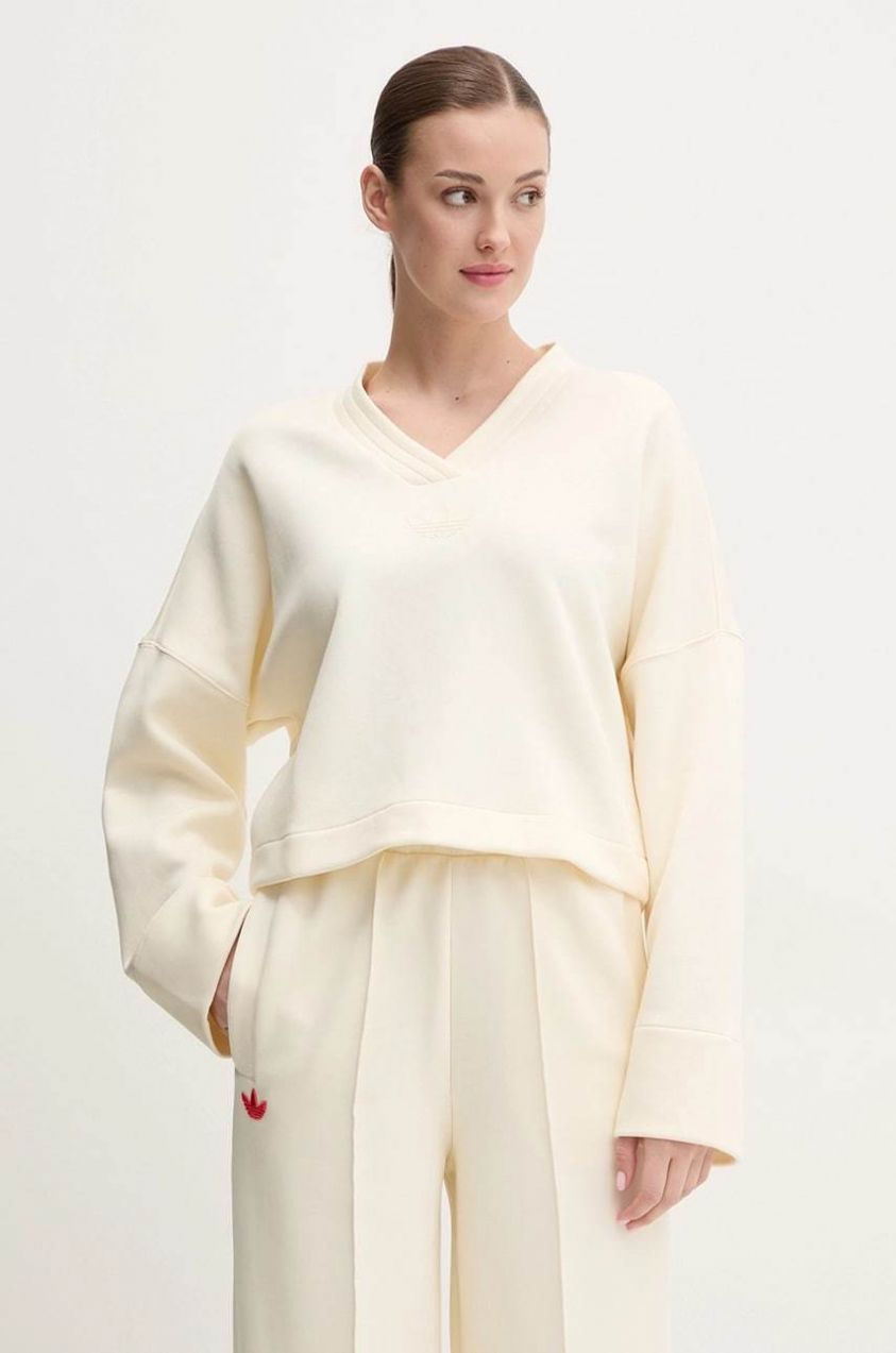 Mikina adidas Originals V-SWEATSHIRT dámska, béžová farba, jednofarebná, JJ0963
