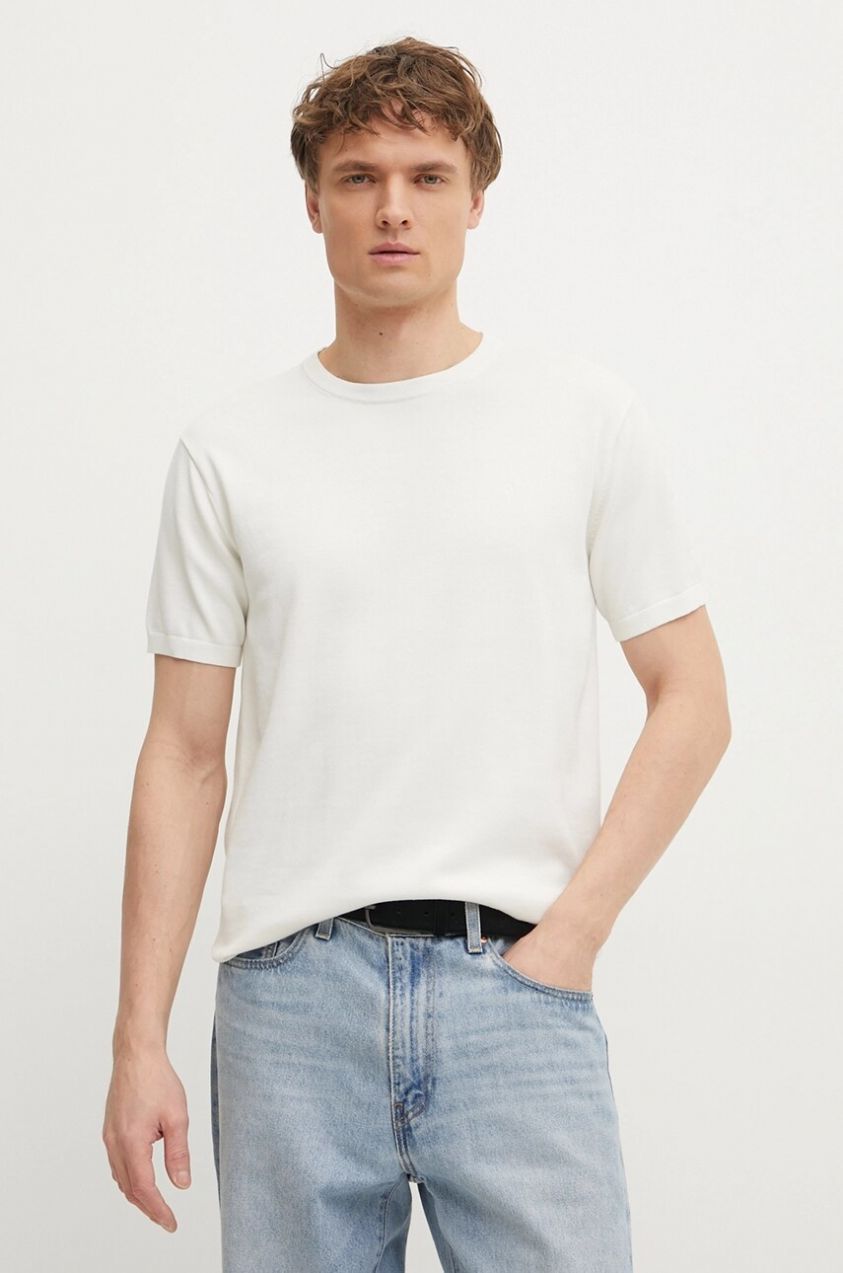 Bavlnený sveter Calvin Klein pánsky, béžová farba, tenký, K10K114485
