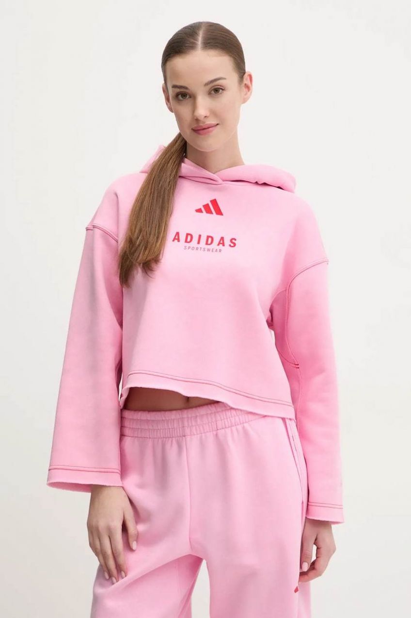 Mikina adidas ALL SZN Graphic dámska, ružová farba, s kapucňou, s potlačou, JJ4519