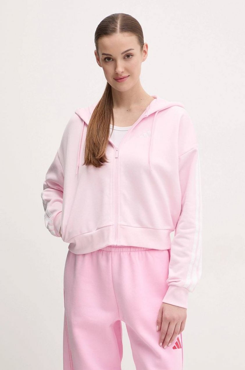 Mikina adidas Essentials dámska, ružová farba, s kapucňou, s nášivkou, IS6998