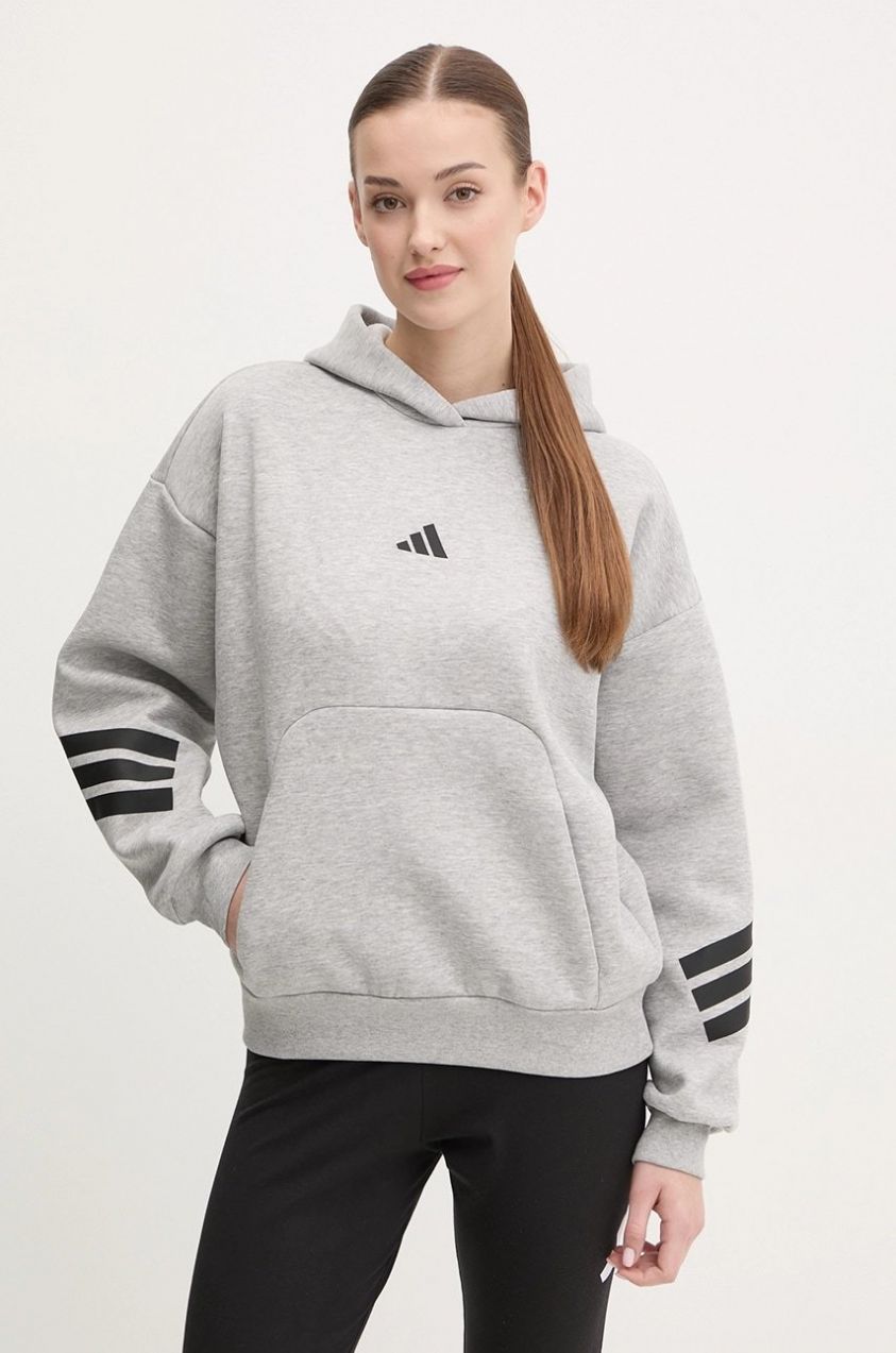 Mikina adidas Future Icons dámska, šedá farba, s kapucňou, s potlačou, JE0181