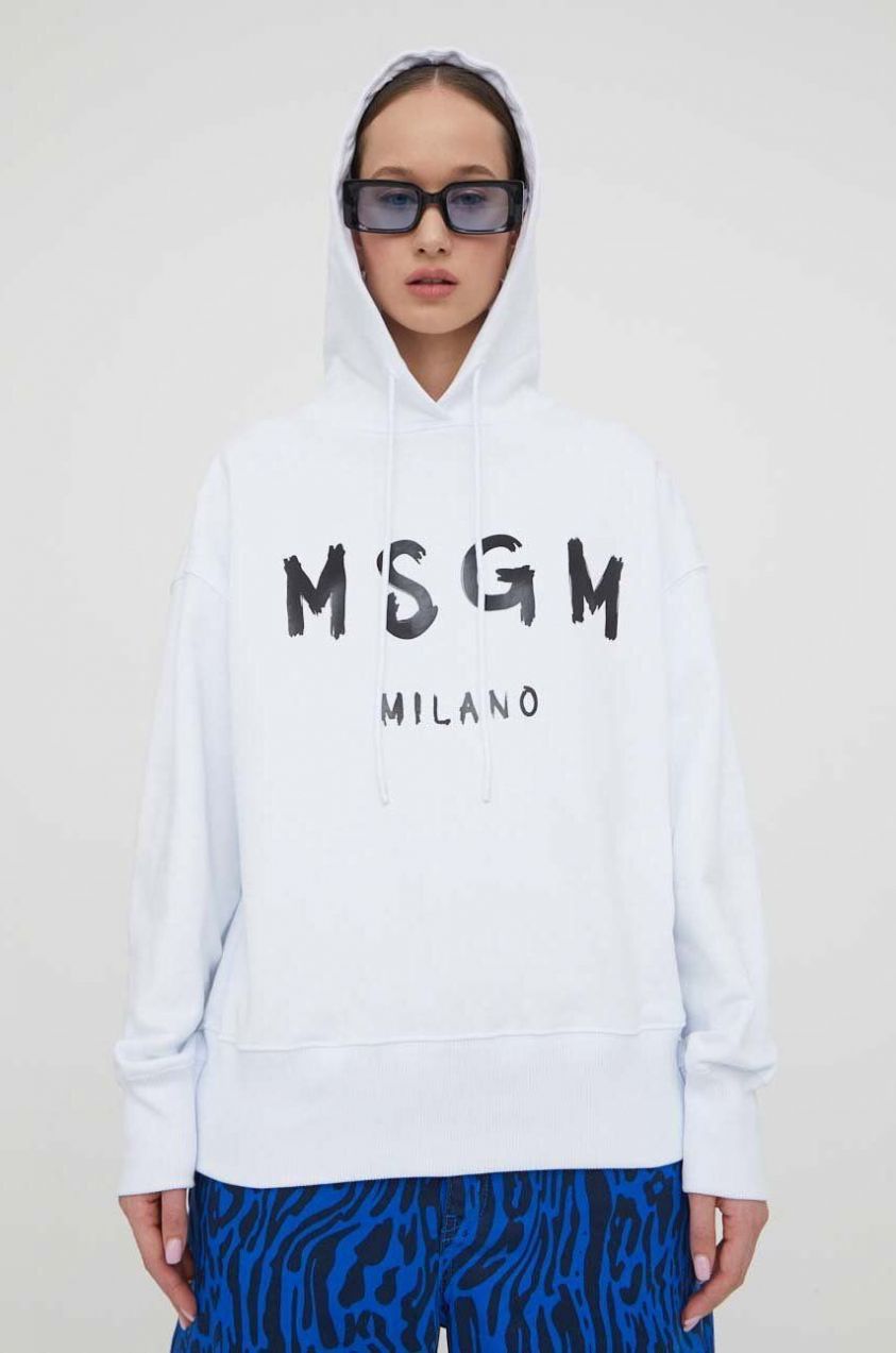 Bavlnená mikina MSGM dámska, biela farba, s kapucňou, s potlačou, 2000MDM515.200000