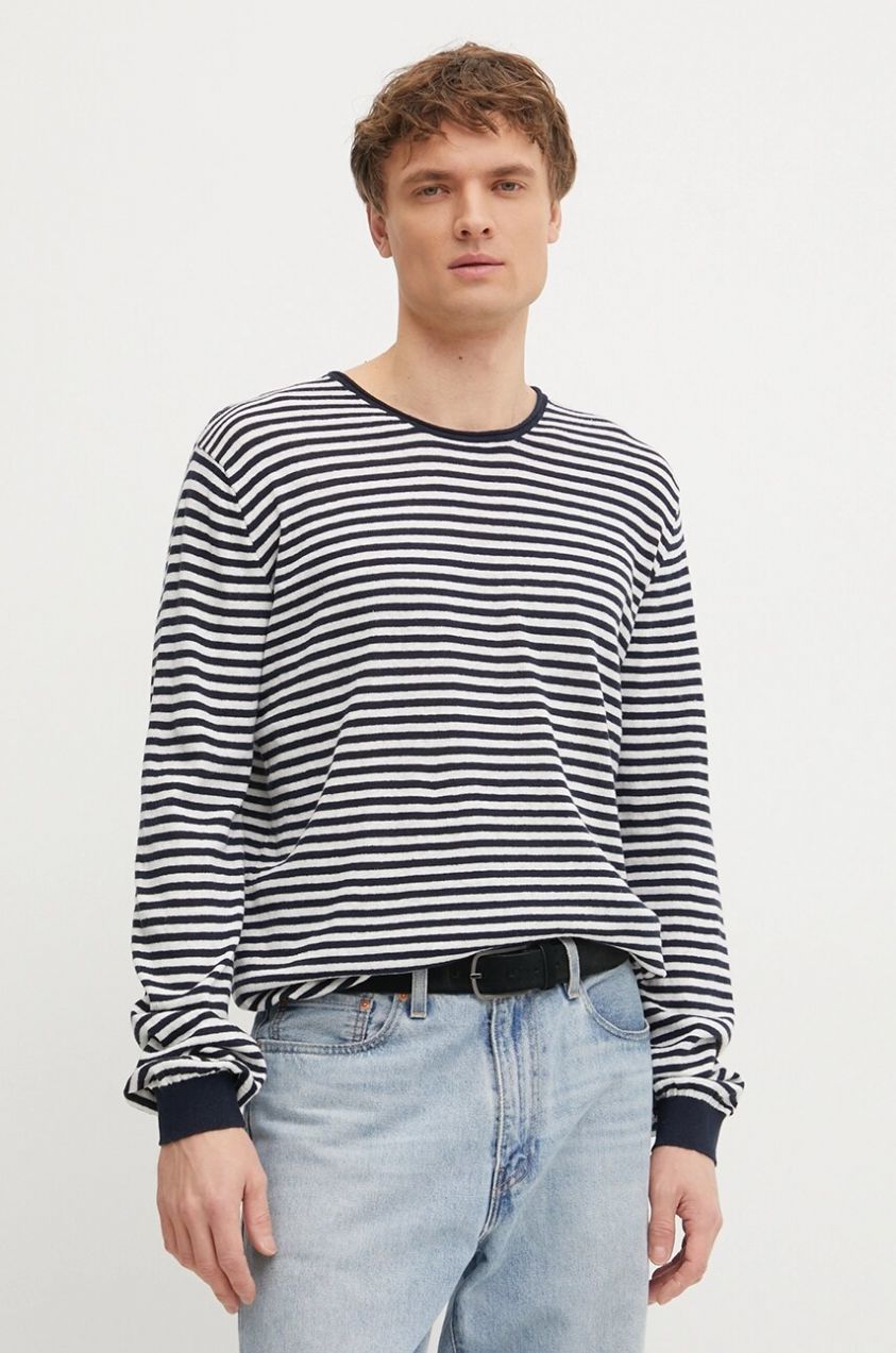 Sveter s prímesou ľanu Pepe Jeans LAYNE STRIPES pánsky, tmavomodrá farba, tenký, PM702508