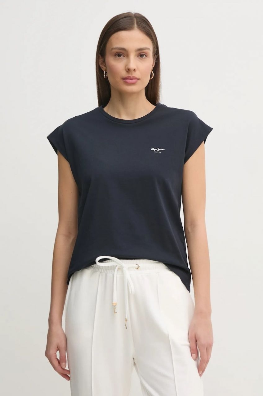 Bavlnené tričko Pepe Jeans BLOOMA dámske, tmavomodrá farba, PL506030