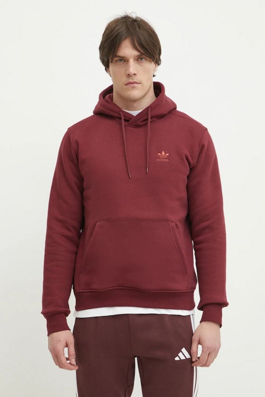 Mikina adidas Originals Essential pánska, bordová farba, s kapucňou, s nášivkou, JD2403
