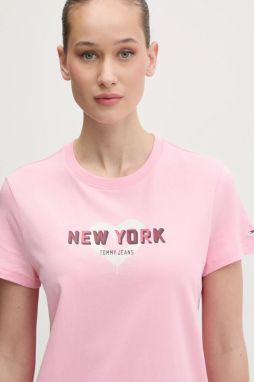 Bavlnené tričko Tommy Jeans dámske, ružová farba, DW0DW21769
