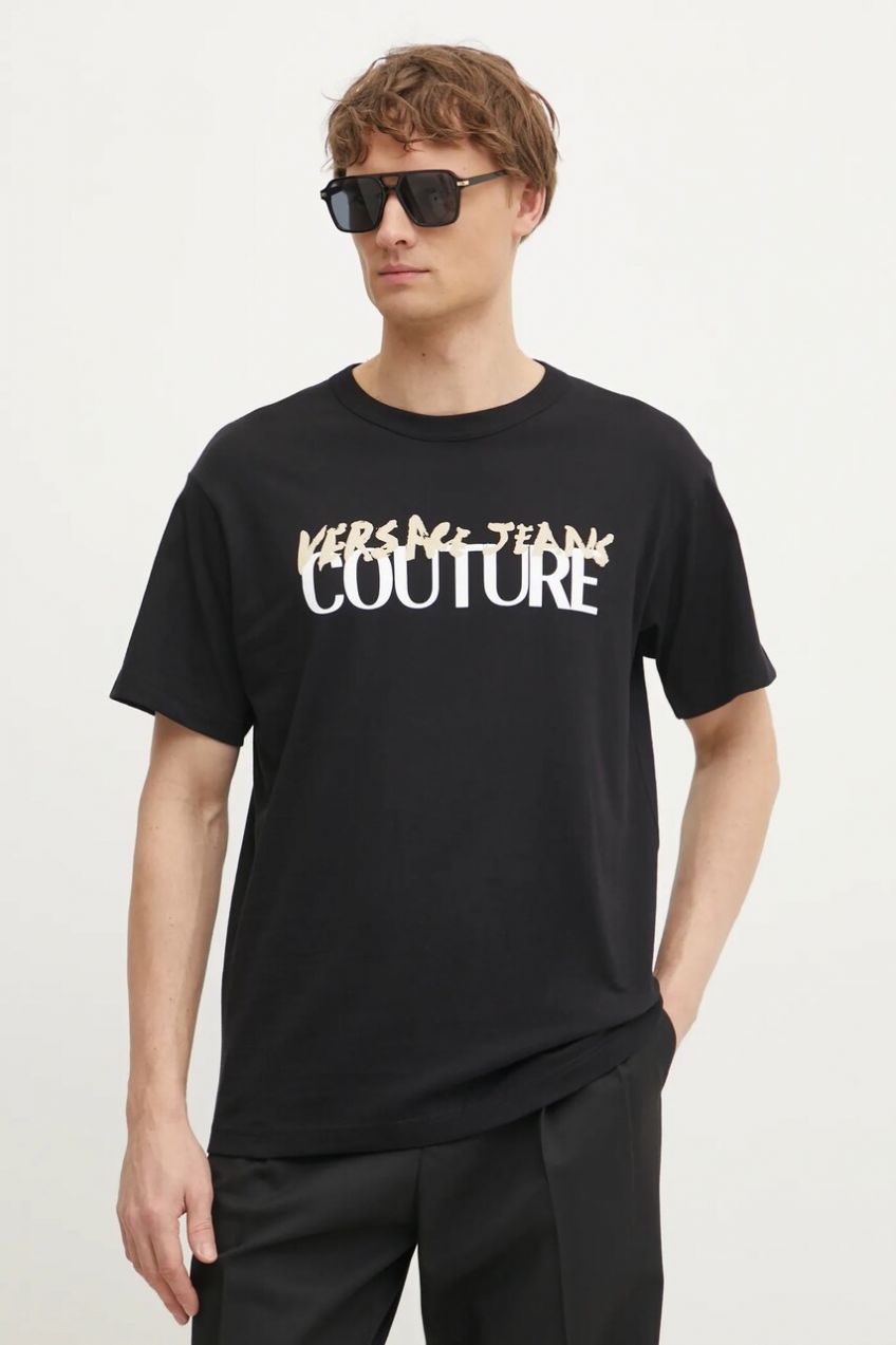 Bavlnené tričko Versace Jeans Couture pánske, čierna farba, s potlačou, 78GAHE06 CJ00E