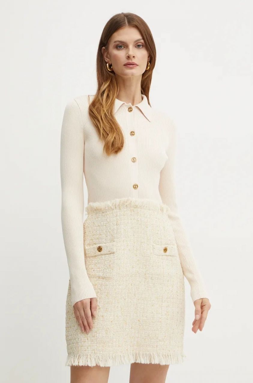 Šaty s prímesou vlny Twinset béžová farba, mini, rovný strih, 242TP3670