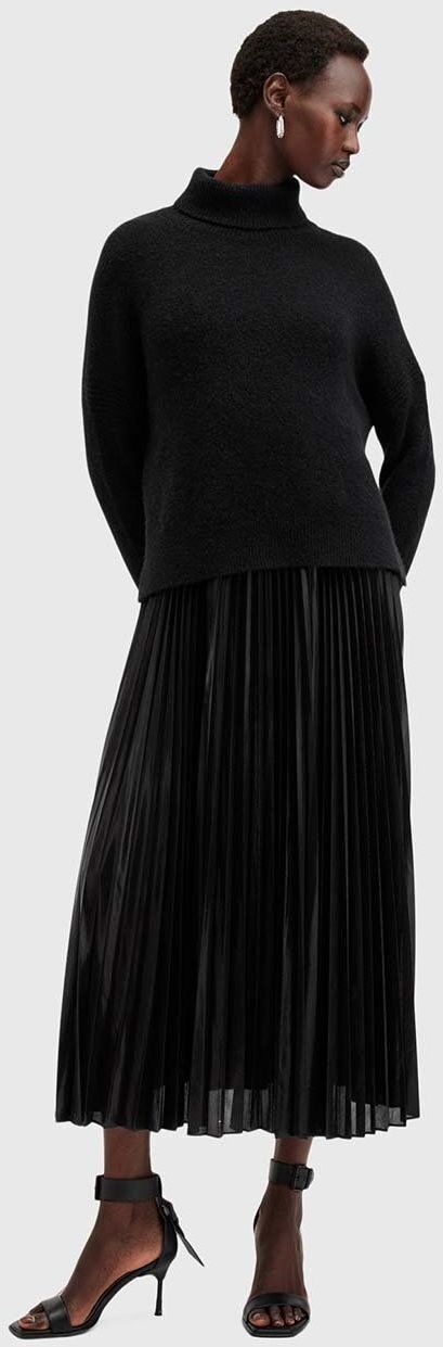 Šaty a sveter AllSaints SPARK DRESS čierna farba, midi, áčkový strih, W082DB