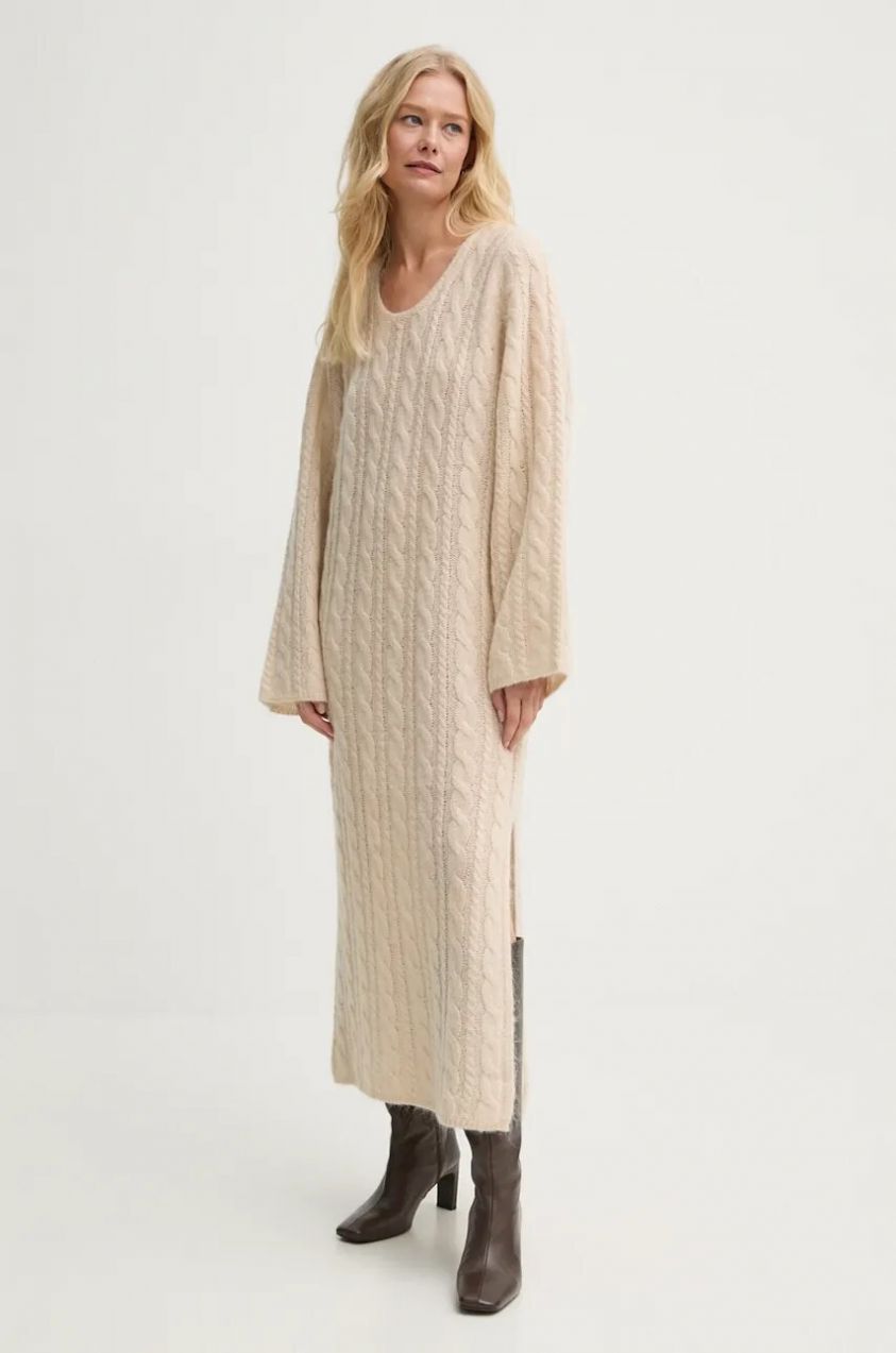 Vlnené šaty By Malene Birger LOVELLA béžová farba, midi, rovný strih, Q72574001
