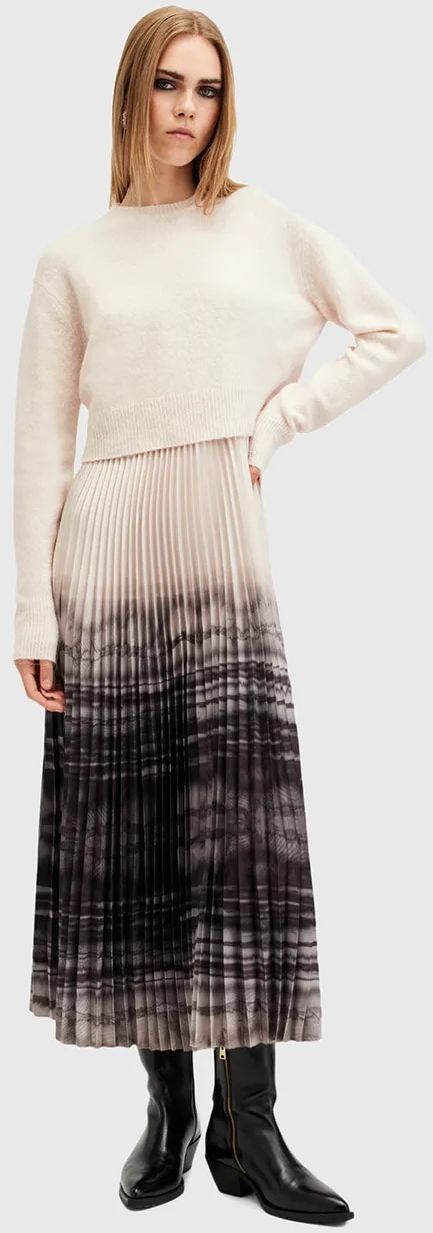 Šaty a sveter AllSaints CELILIA PLEAT biela farba, midi, áčkový strih, W207DB