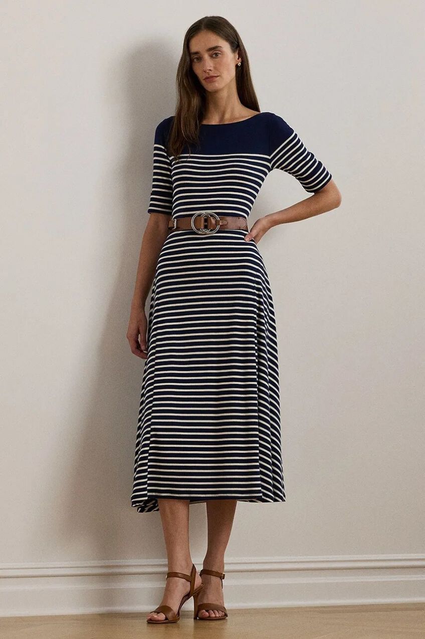 Bavlnené šaty Lauren Ralph Lauren tmavomodrá farba, midi, áčkový strih, 250957728