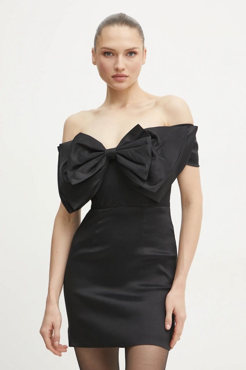 Šaty Bardot MINI BOW DRESS čierna farba, mini, priliehavá, 54327DB2