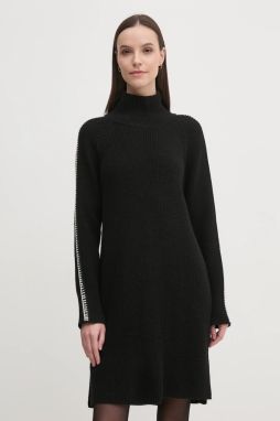 Šaty s prímesou vlny Sisley čierna farba, mini, rovný strih, 1076LV00Y