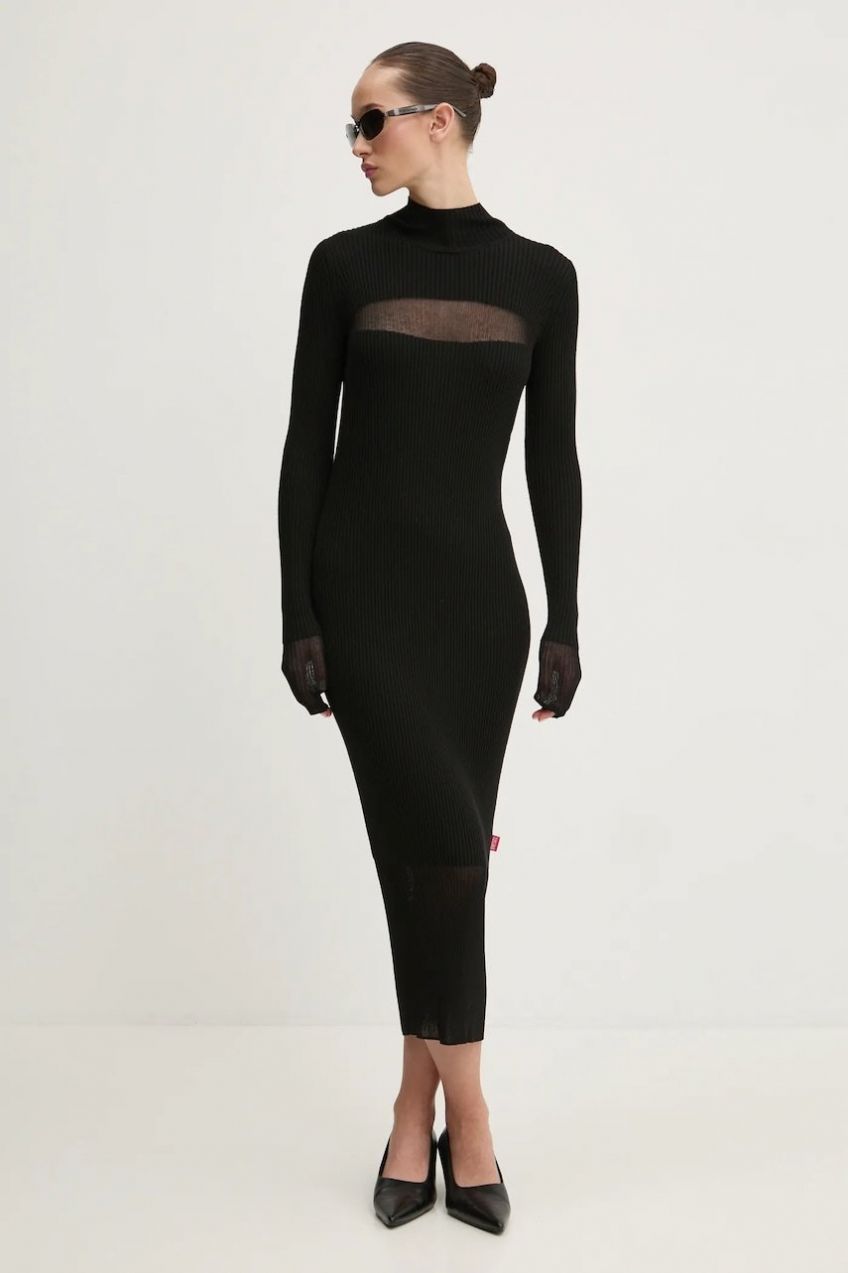 Vlnené šaty Diesel M-SLINT DRESS čierna farba, midi, priliehavé, A16556.0CPAS