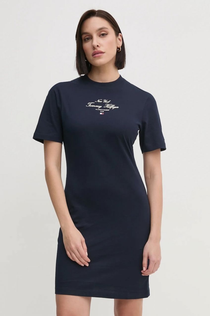Bavlnené šaty Tommy Hilfiger tmavomodrá farba, mini, rovný strih, WW0WW43830