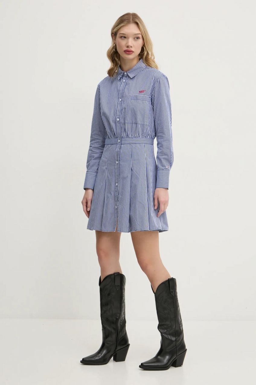 Bavlnené šaty Tommy Jeans tmavomodrá farba, mini, áčkový strih, DW0DW20470