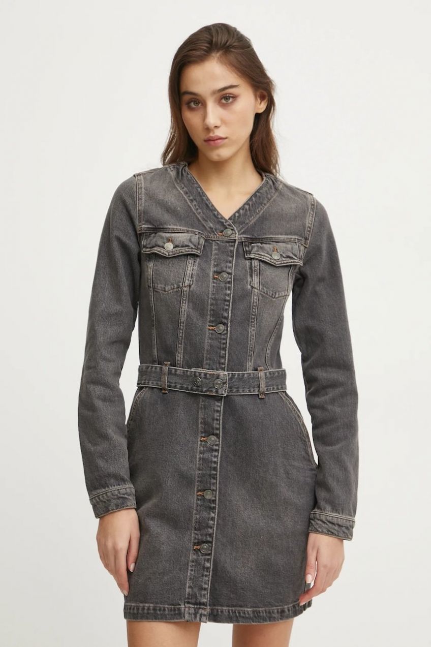 Rifľové šaty Tommy Jeans šedá farba, mini, rovný strih, DW0DW20154