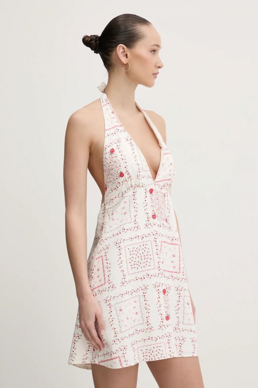 Ľanové šaty Hollister Co. béžová farba, mini, áčkový strih, KI359-5067