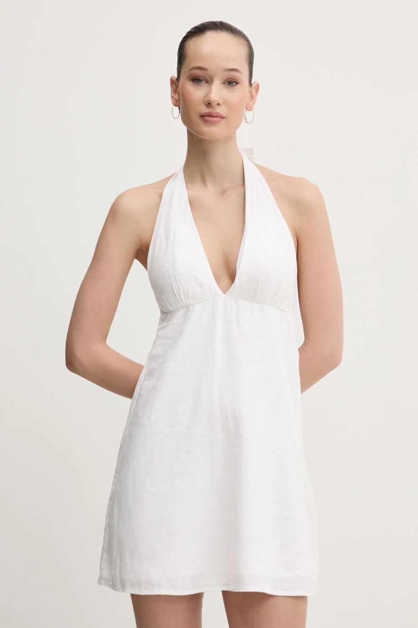 Ľanové šaty Hollister Co. biela farba, mini, áčkový strih, KI359-5067