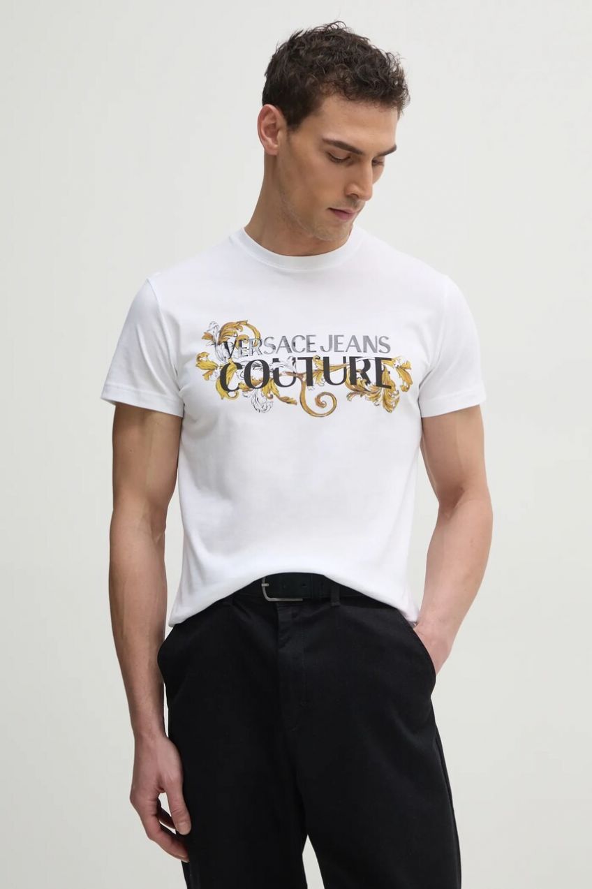 Bavlnené tričko Versace Jeans Couture pánske, biela farba, s potlačou, 78GAHC05 CJ01C