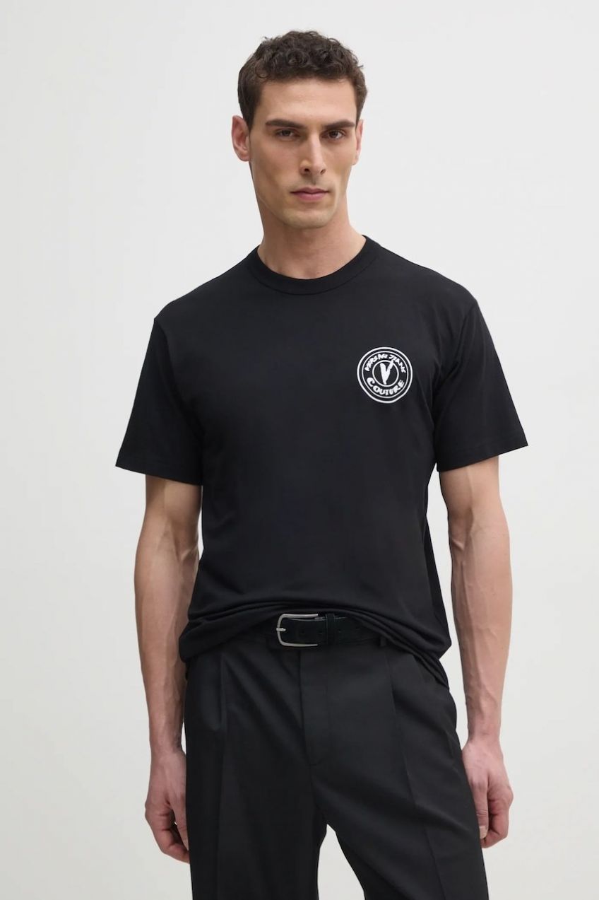 Bavlnené tričko Versace Jeans Couture pánske, čierna farba, s potlačou, 78GAHE07 CJ00E