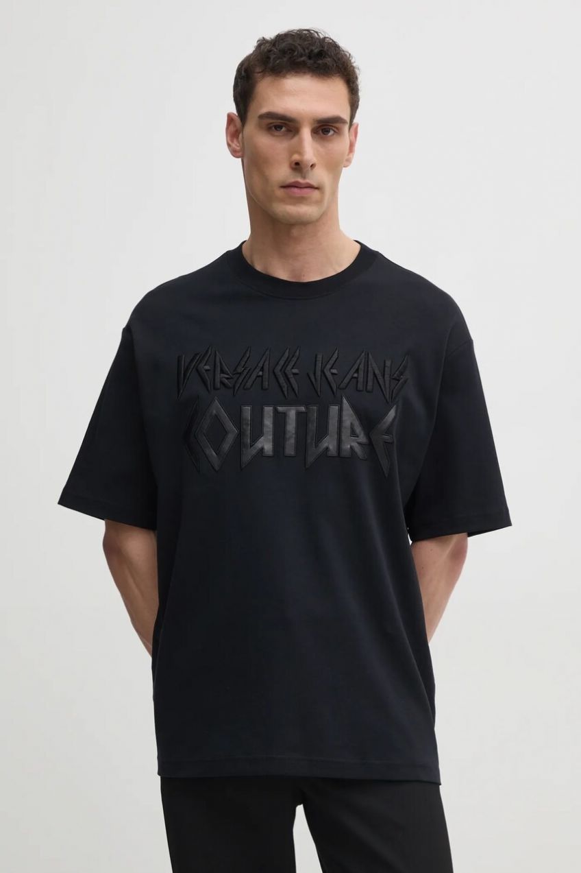 Bavlnené tričko Versace Jeans Couture pánsky, čierna farba, s nášivkou, 78GAHE02 CJ01E