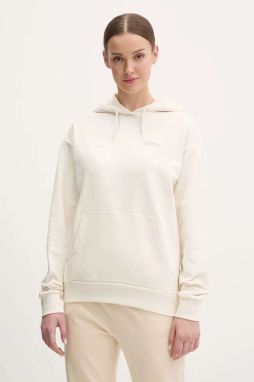 Bavlnená mikina Jack Wolfskin Essential dámska, béžová farba, s kapucňou, jednofarebná, A63848