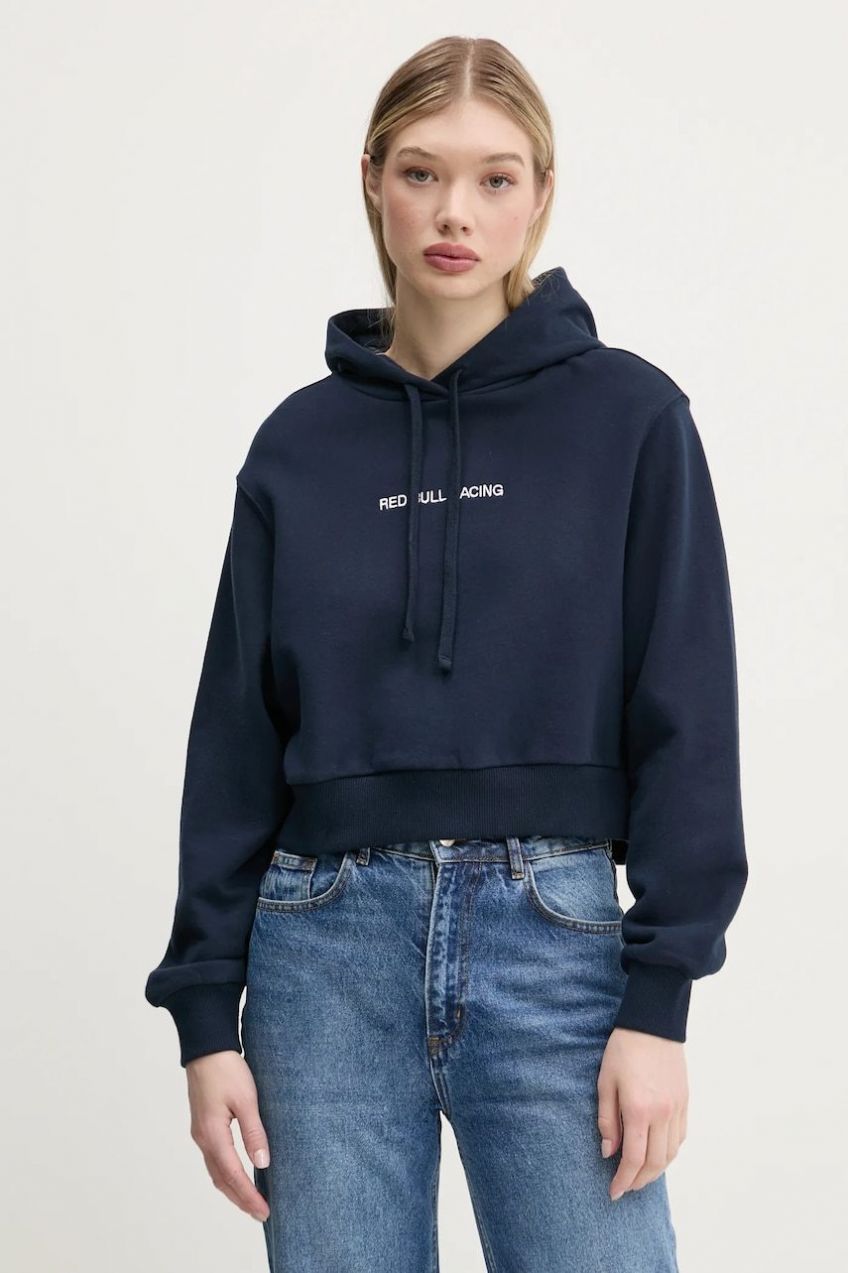 Mikina Red Bull Racing x Pepe Jeans CROPPED LOGO HOODY dámska, tmavomodrá farba, s kapucňou, s nášivkou, RL580008