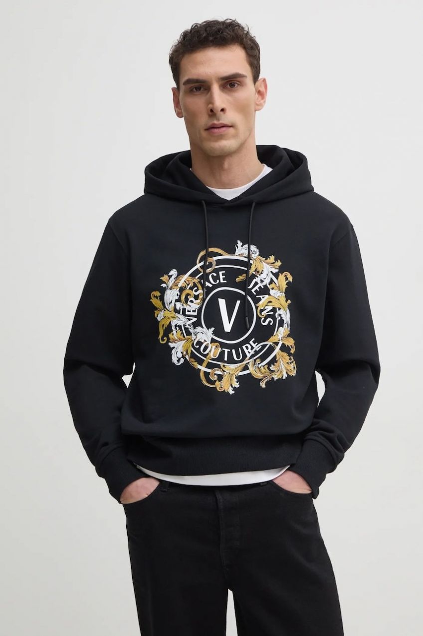 Bavlnená mikina Versace Jeans Couture pánska, čierna farba, s kapucňou, s potlačou, 78GAIC01 CF00C