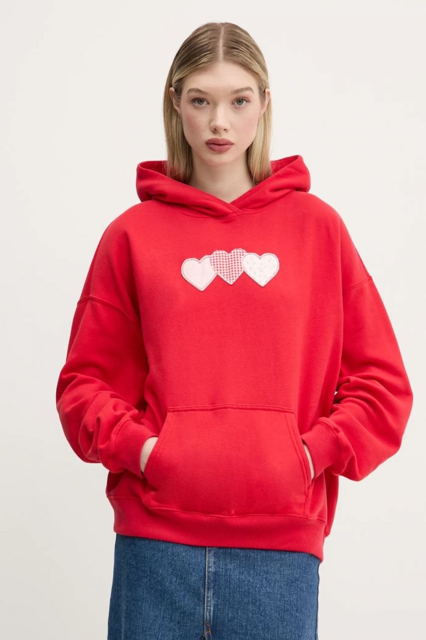 Mikina Hollister Co. dámska, červená farba, s kapucňou, s nášivkou, KI352-5132