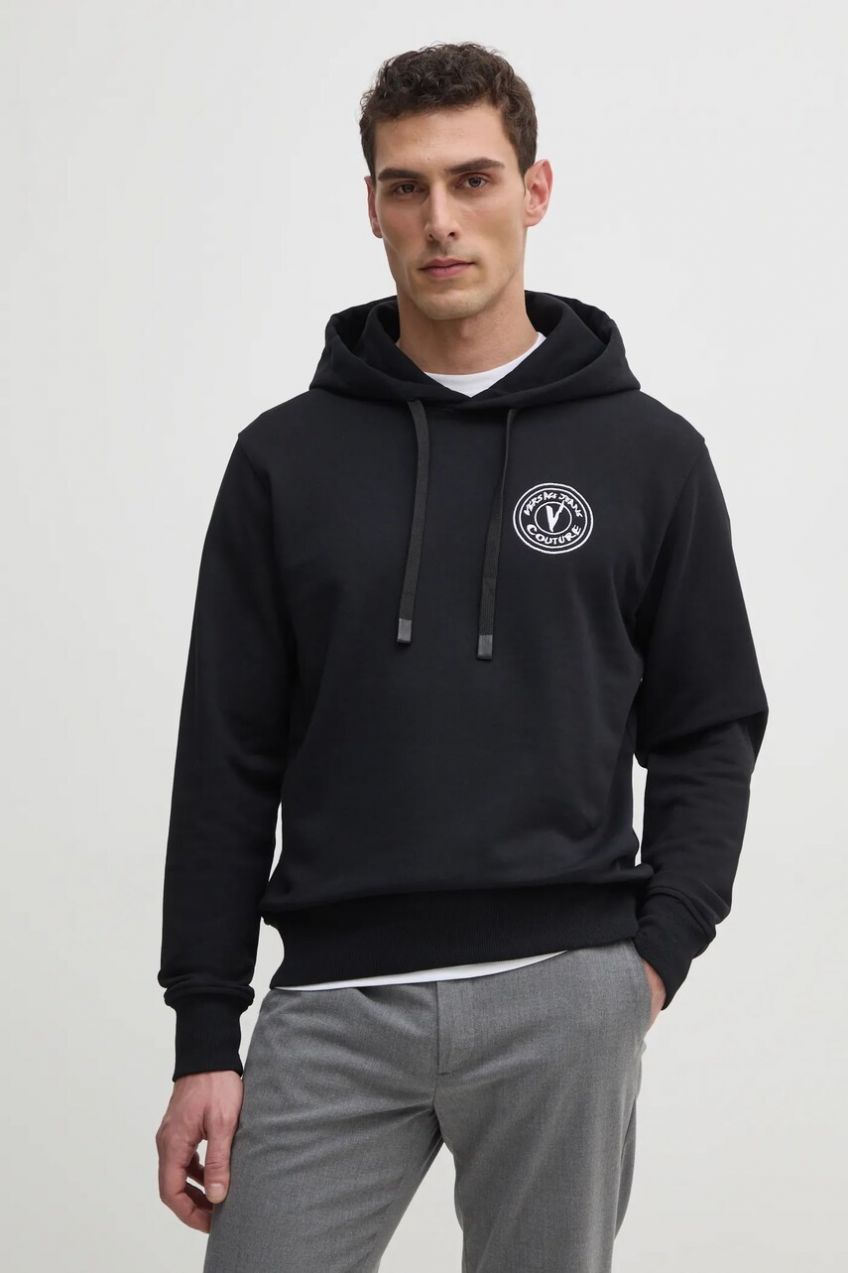 Bavlnená mikina Versace Jeans Couture pánska, čierna farba, s kapucňou, jednofarebná, 78GAIE07 CF00E