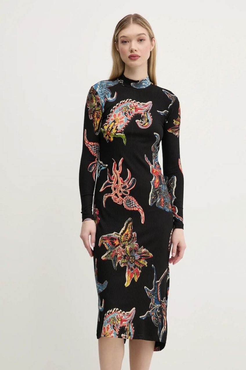 Šaty Desigual MELTED PAISLEYS_LACROI čierna farba, midi, rovný strih, 25SWVK31